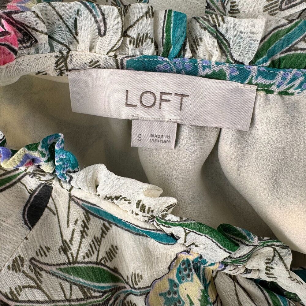 LOFT Sz S Ivory Sleeveless Lined Floral Ruffle Neck Sheer Tank Top