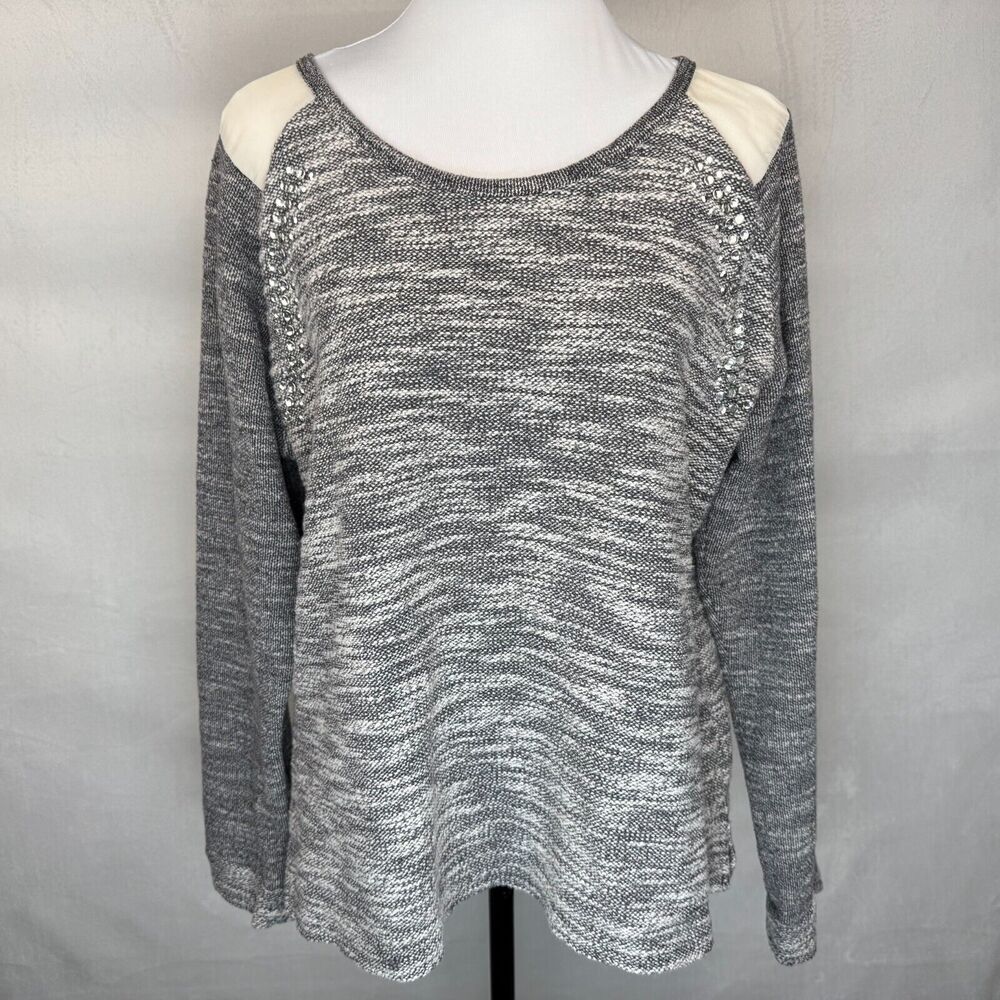 FRESH Women Knit Top Sz L Gray Sparkling Beads Boat Neckline Long Sleeve
