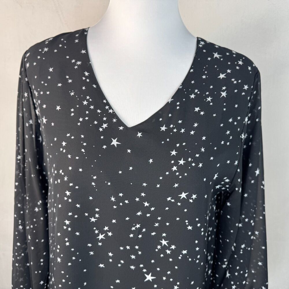 Qearal Blouse Women’s Sz M Lined Sheer Black Gray Stars VNeck Ballon Sleeve