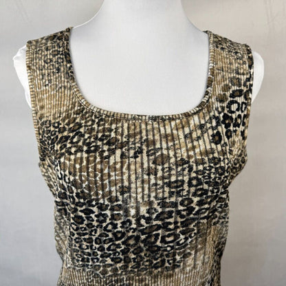 Evan-Picone Black Label Sz M Top Stretch Ribbed Beige Sparkling Animal Print