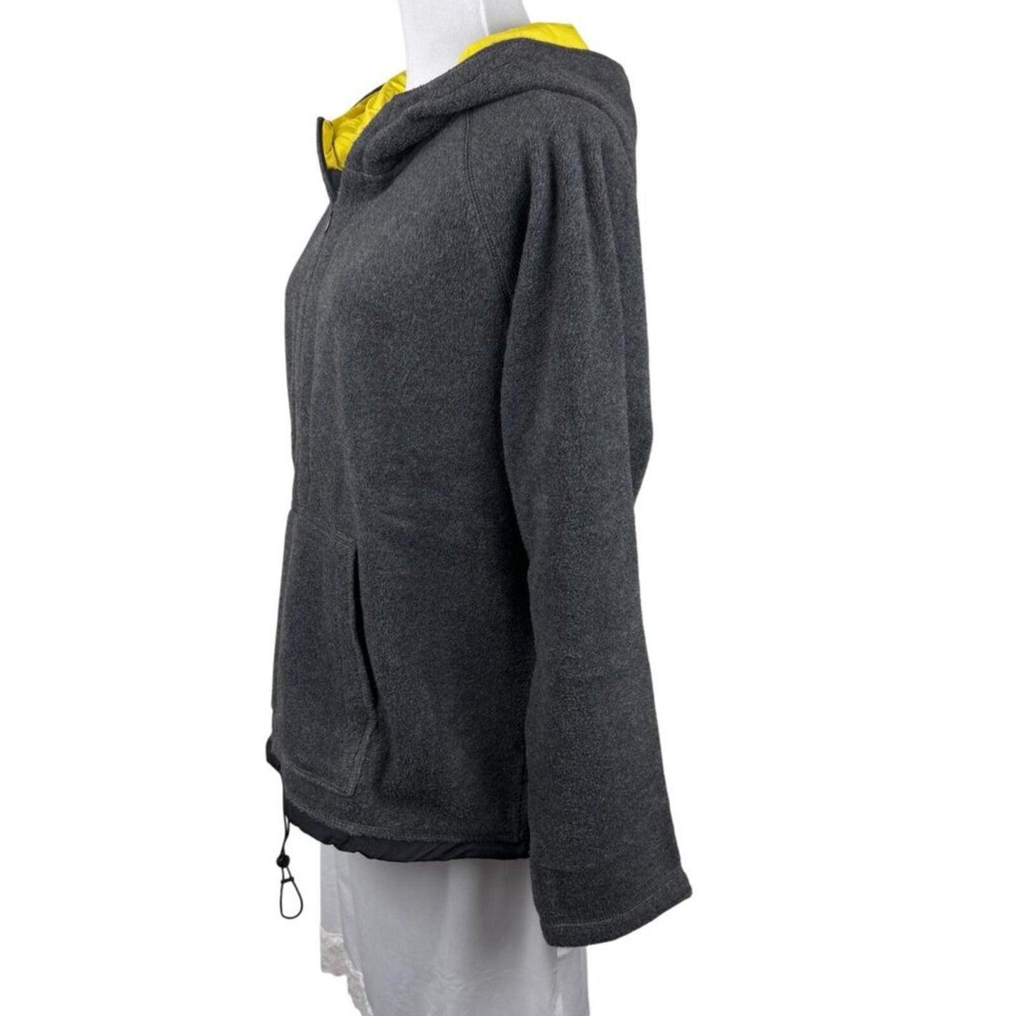 Women’s Gray Fleece Hoodie L Yellow Lined Hood 1/4 Zip Kangaroo Pocket