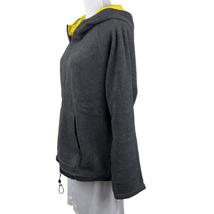 Women’s Gray Fleece Hoodie L Yellow Lined Hood 1/4 Zip Kangaroo Pocket