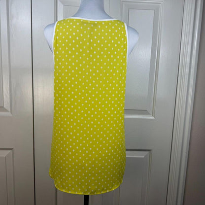 LOFT Women Sheer Top Sz S Yellow and White Polka Dots Sleeveless Knit Trim
