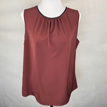 Chaus New York Women Sz M Top Maroon Black Trim Sleeveless Neck Keyhole Career
