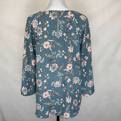Papermoon Top Sz L Teal Floral Print Raglan Long Sleeve Back Zipper Boat Neck