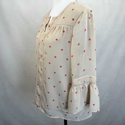 Fever Ladies Sz M Round Split Neck Polka Dot Ladder Trim Pullover Bell Sleeve