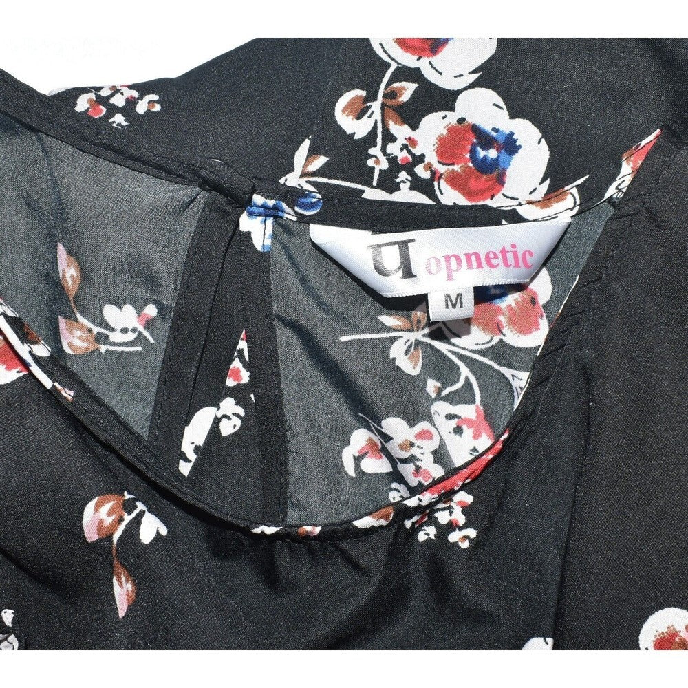 Uopnetic Blouse Black with flowers - Short Sleeve Ruffled - Crew Neck - Size M