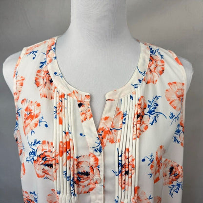Pale Sky Ladies Sheer Top Sz S White Floral Split Neck Pleated Sleeveless
