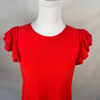 CeCe Women Sz XS Knit Red Blouse Crew Neck Double Ruffle Flutter Sleeve
