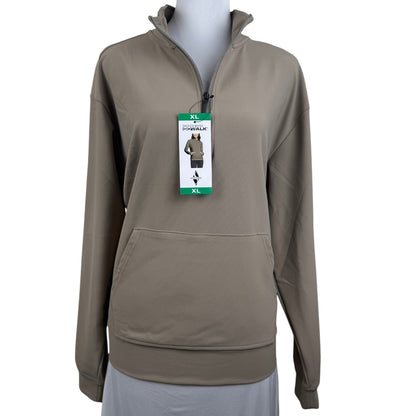A women's long-sleeve quarter-zip pullover in a muted taupe-brown color, displayed on a mannequin torso with a hangtag attached at the collar.
