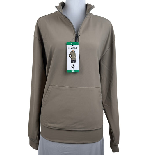 A women's long-sleeve quarter-zip pullover in a muted taupe-brown color, displayed on a mannequin torso with a hangtag attached at the collar.