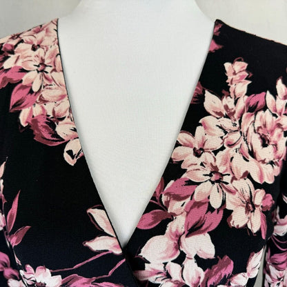 INC International Concepts Ladies Sz M Black Top Pink Floral Faux Wrap Peplum