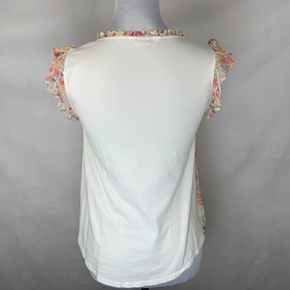 LC Lauren Conrad Top Sz XS Sheer Ivory Floral Ruffled Crew Neck Front Keyhole