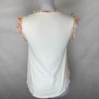 LC Lauren Conrad Top Sz XS Sheer Ivory Floral Ruffled Crew Neck Front Keyhole