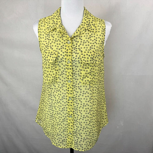 Cabi Viola Blouse Sz S Yellow Black Daisy Sleeveless Chiffon Sheer Button Down