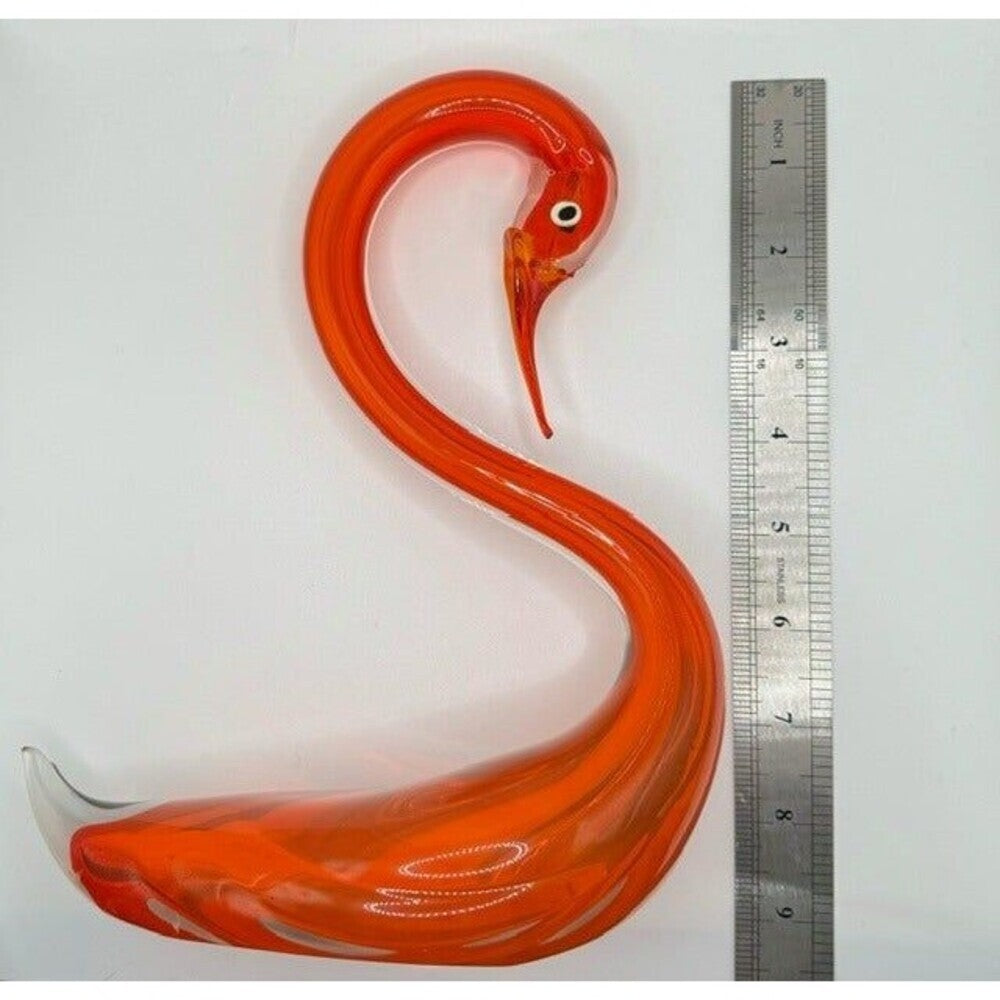 Vintage Art Glass Swan Figurines Pair Red Orange Yellow Hand Blown Style