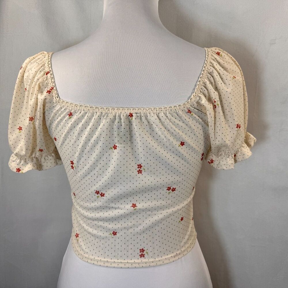 Forever 21 Crop Top Sz S Sheer Floral Puff Sleeve Mesh