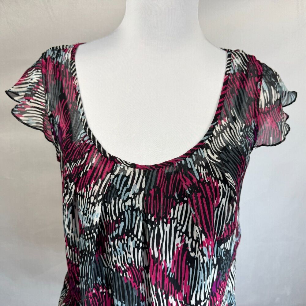 BCX Sheer Top Women Sz M Black with Fucsia White Print Over Cami Tank Ruched Hem