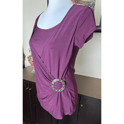 Jason Maxwell Blouse Sz M Purple Surplice Round Neck Short Sleeve Decor Buckle