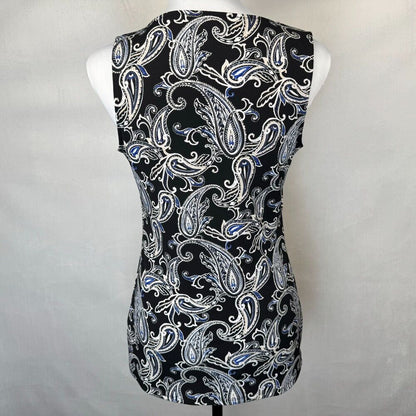 White House Black Market Tank Top Sz S Black Paisley Print Ruffle Scoop Neck