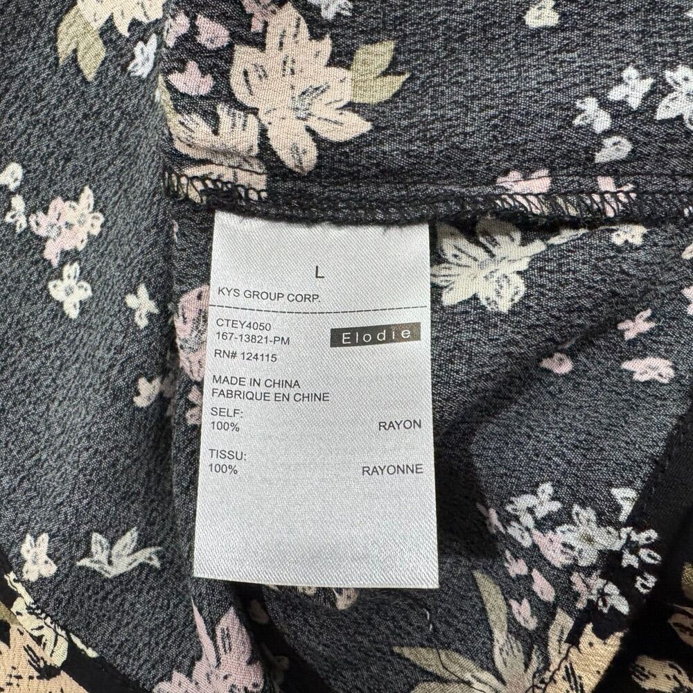 Elodie Women Top Sz L Black Floral Round Neck Keyhole Ruched Sides Ruffle Sleeve