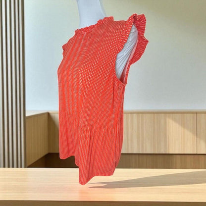 Adrianna Papell Top Sz L Orange Polka Dot Cap Ruffle Sleeve Stretchy Accordion