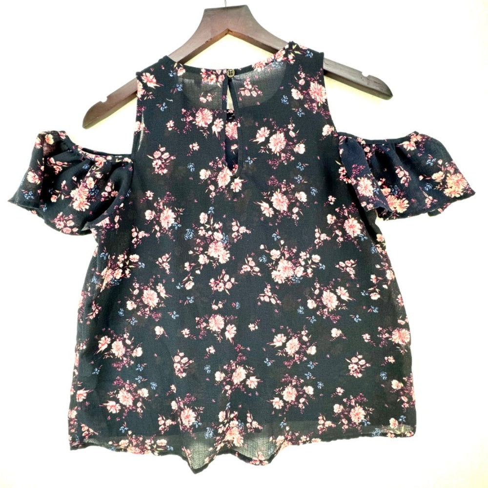 Rewind Top Women Sz Medium Sheer Navy Blue floral print Round Neck Off Shoulder