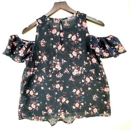 Rewind Top Women Sz Medium Sheer Navy Blue floral print Round Neck Off Shoulder