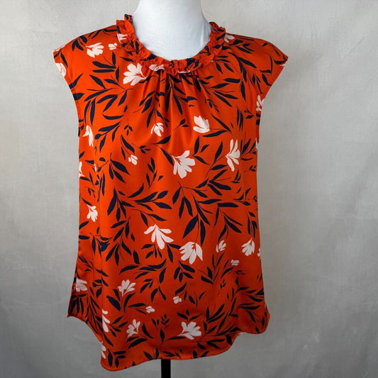 Daniel Rainn Top Sz 8 Pullover Keyhole Orange Floral Print Ruched Neckline