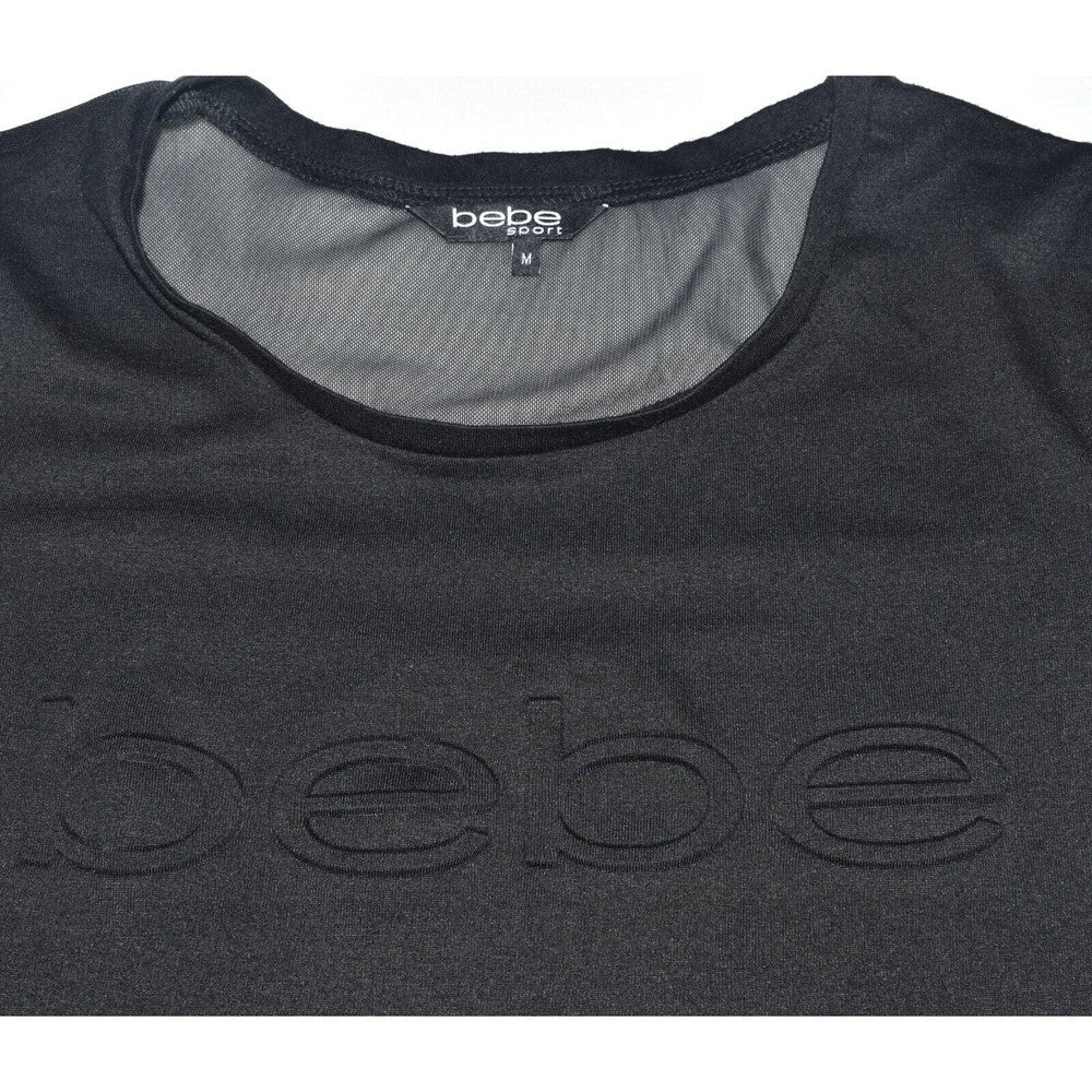 Bebe Sport Top Black with Black Logo Short Sleeve Shirt Sheer Mesh - Size M