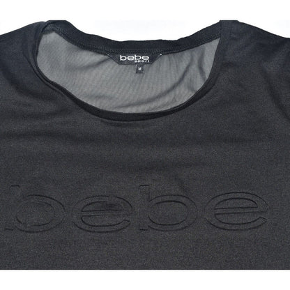Bebe Sport Top Black with Black Logo Short Sleeve Shirt Sheer Mesh - Size M