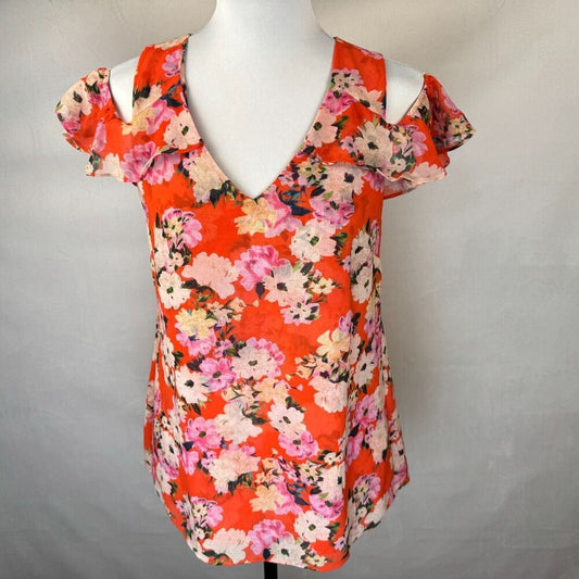 CAbi Blouse Sz XS Multicolor Red Floral V-Neck Cold Shoulder Sleeveless