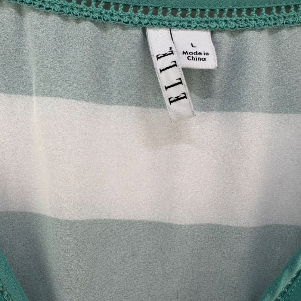 ELLE Tank Top Sz L Green White Stripes Front Floral Print Ladder Stitch neckline
