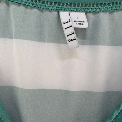 ELLE Tank Top Sz L Green White Stripes Front Floral Print Ladder Stitch neckline