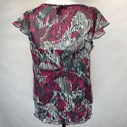 BCX Sheer Top Women Sz M Black with Fucsia White Print Over Cami Tank Ruched Hem