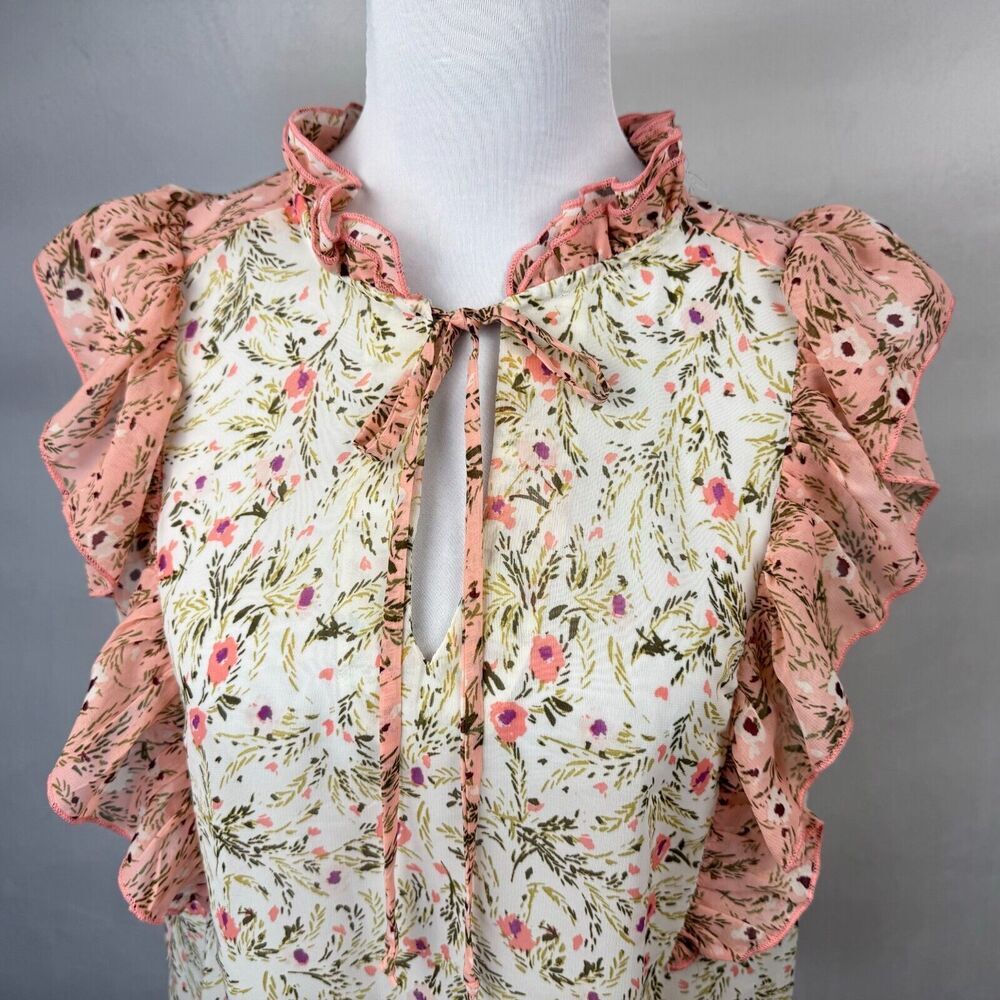 Studio B By Bobeau Sz L Floral Ruffle Sleeves Semi Sheer Tie Neckline
