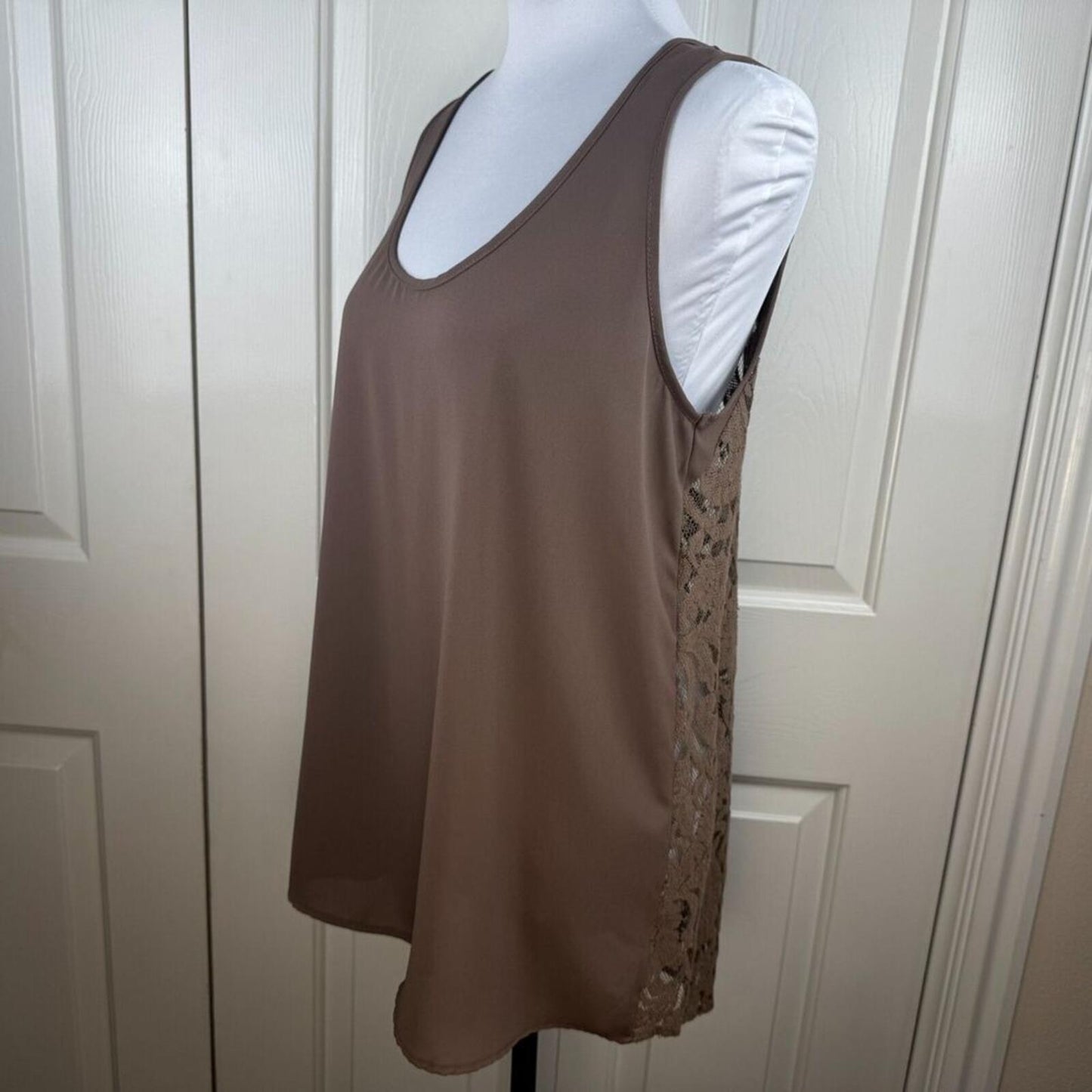 Bellatrix Women Top Taupe Tunic Sz M Front Sheer Lace Back Scoop Neck Sleeveless