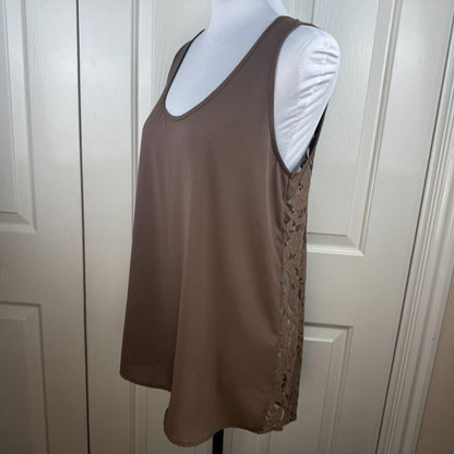 Bellatrix Women Top Taupe Tunic Sz M Front Sheer Lace Back Scoop Neck Sleeveless