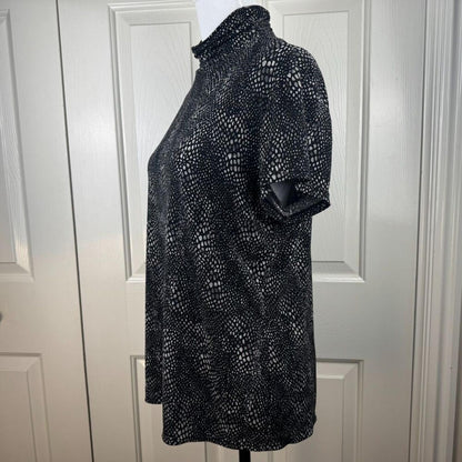 Alfani Women Top Sz L Black Gray Turtleneck Stretch Short Sleeve Geo Print
