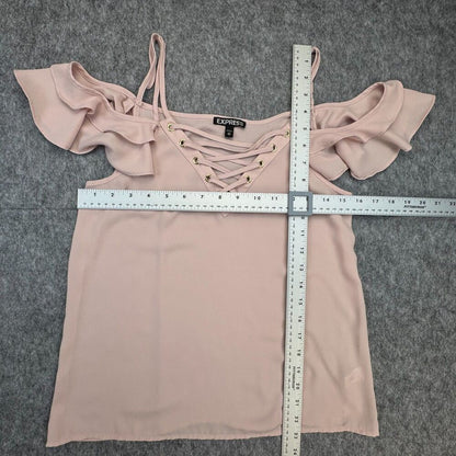 Express Top Sz XS Straps Grommets VNeck Ruffle Cold Shoulder Pullover Dusty Pink