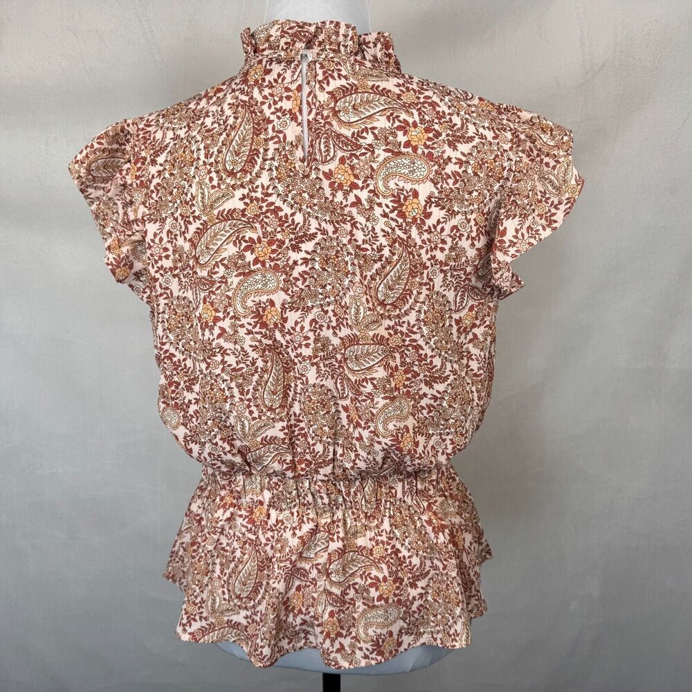 Alice Blue Women Sz M Floral Top Ruffle Crew Neck Cap Sleeves Elastic Waist