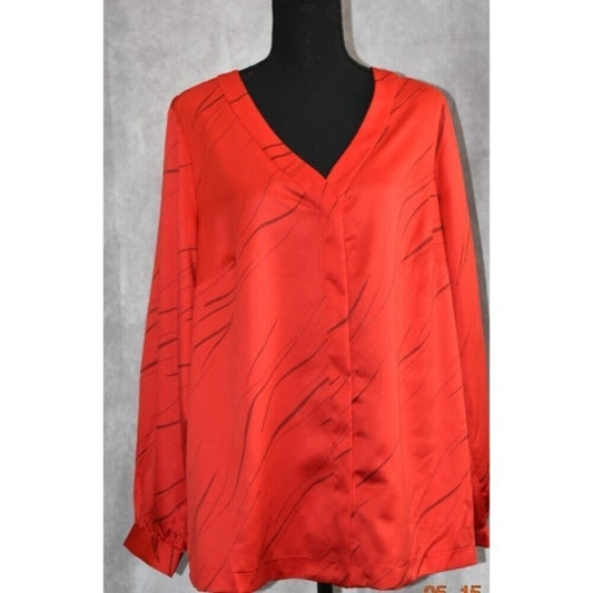 Share Alfani Women Size 1X Style Lin Breeze Red VNeck Button Down Cuffed Long Sleeves