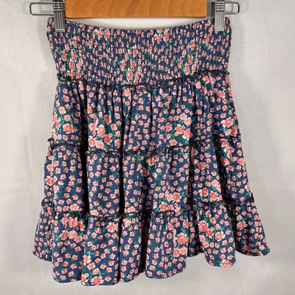 American Eagle Mini Skirt Sz XS Lined Flare shirred waistline blue pink flowers