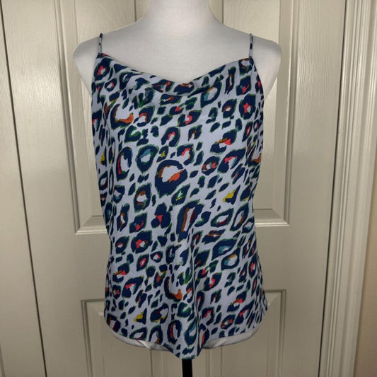 Nine West Women Sz S Camisole Tank Top Blue Animal Print Cowl Front Neck