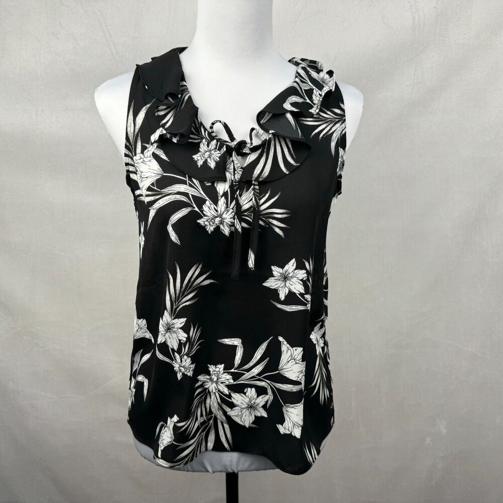 Premise Ladies Top Sz XS/TP  Ruffle VNeck Tie Sleeveless Black Floral White
