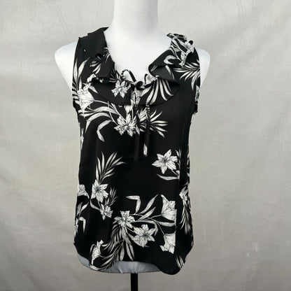 Premise Ladies Top Sz XS/TP  Ruffle VNeck Tie Sleeveless Black Floral White