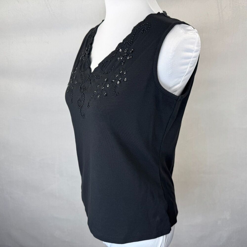 Dressbarn Women Sz M Black Cotton Knit Sequined VNeck Beaded Sleeveless
