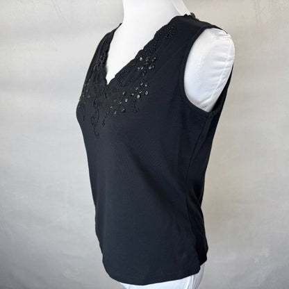 Dressbarn Women Sz M Black Cotton Knit Sequined VNeck Beaded Sleeveless