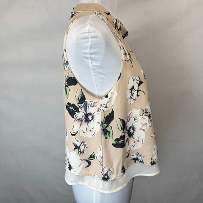 ASTR The Label Women Crop Top Sz S Beige Floral Chiffon Under Blouse Split Back