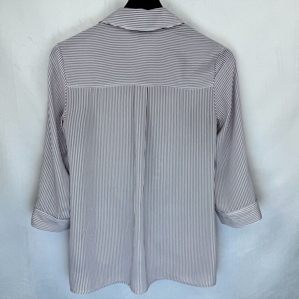 BCX Women Top XS Pink Burgundy Stripes Button Up  Twist Waist Roll Up 3/4 Sleeve